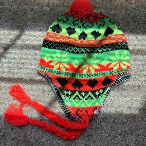 Orange & Green Knit Winter Beanie with Pom Pom